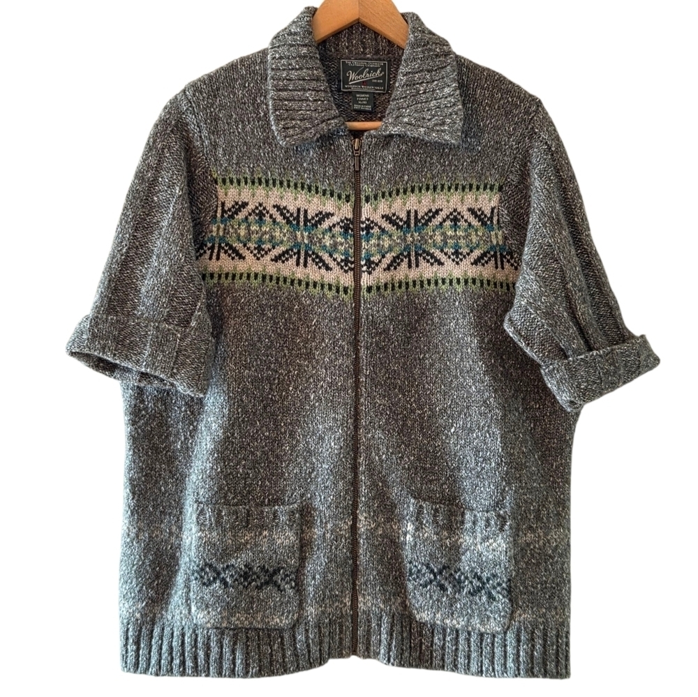 Woolrich Vintage Wool Blend Full Zip Cardigan Spruce Nordic Elbow Sleeve Large